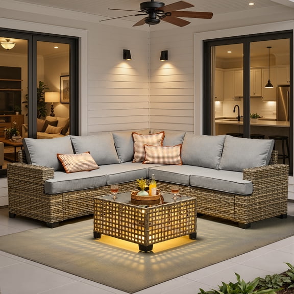 Ovios 6 Pieces Outdoor Patio Furniture Sectional Conversation Set, PE Wicker Outdoor Couch with Solar Coffee Table, Gray Cushion