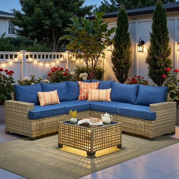 Ovios 6-Piece Outdoor Patio Furniture Set with Solar-Powered Lighted Coffee Table, All-Weather Wicker L-Shaped Sectional Sofa, Navy Blue