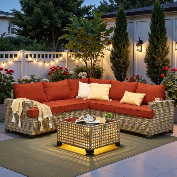 Ovios 6-Piece Outdoor Patio Furniture Set with Solar-Powered Lighted Coffee Table, All-Weather Wicker L-Shaped Sectional Sofa, Orange Red