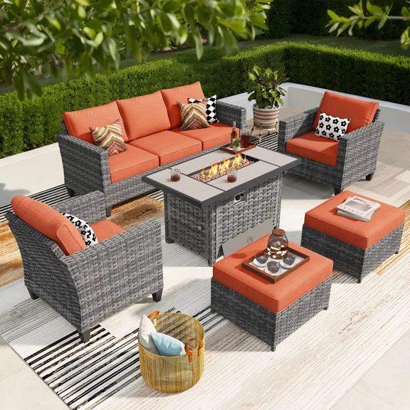 Ovios 6 Piece Outdoor Patio Sectional Furniture with 42" Fire Pit Table Rattan Wicker Conversation Set with Propane Gas Fire Pit Patio Sofa Outdoor Chairs for Backyard Balcony