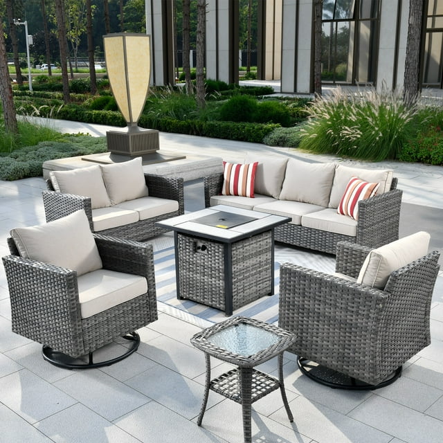 Ovios 6Piece Patio Furniture Outdoor Wicker Set with Fire Pit & Swivel