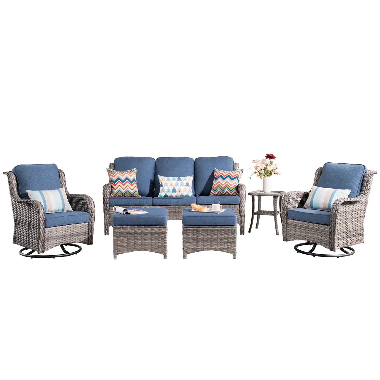 Ovios 6Piece Patio Furniture Set Wicker Swivel Chair & Table with