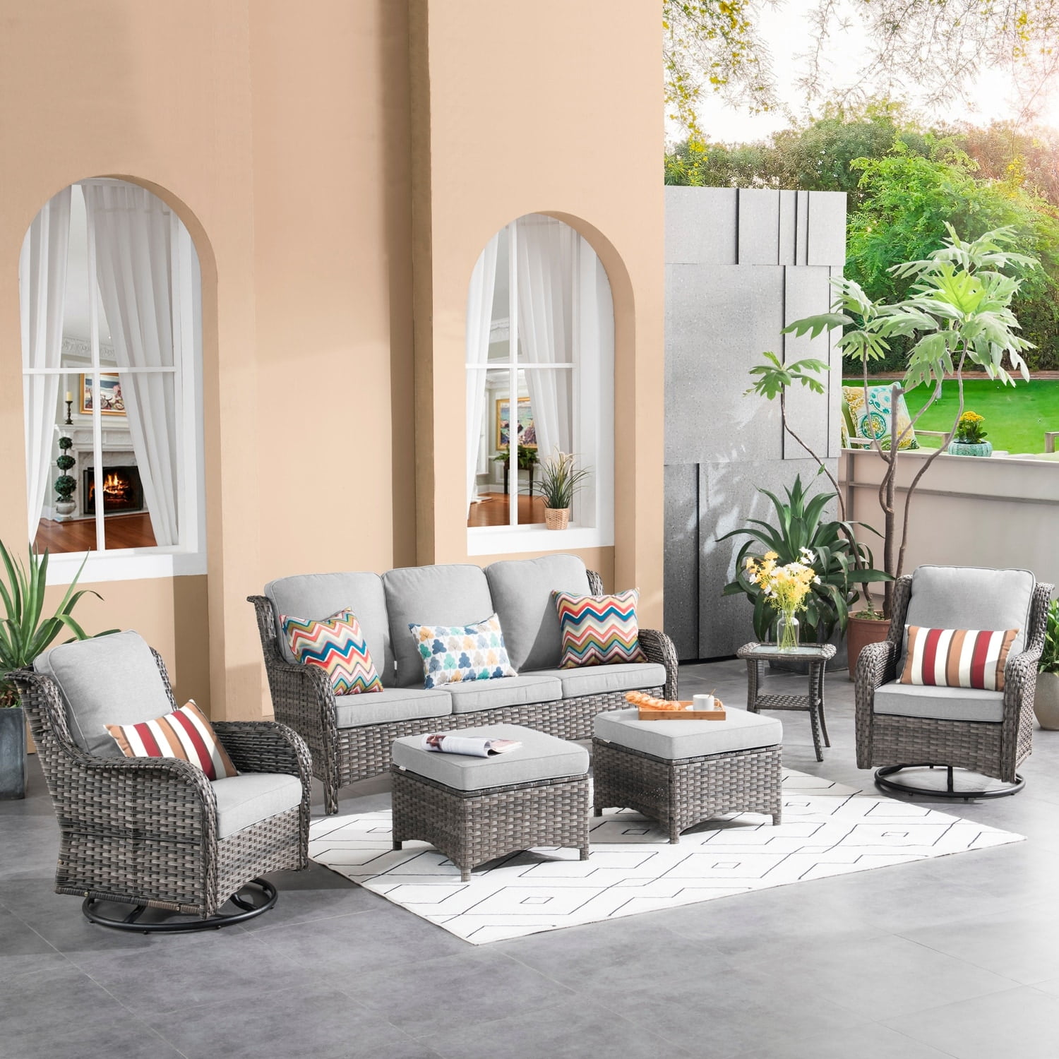 Gray 6-Piece PE Wicker Outdoor Patio Set with Ottomans