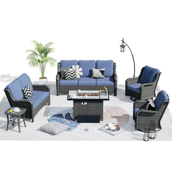 Ovios 6-Piece Wicker Outdoor Patio Dining Set with Pit Table and Swivel Chairs, Gray/Denim Blue