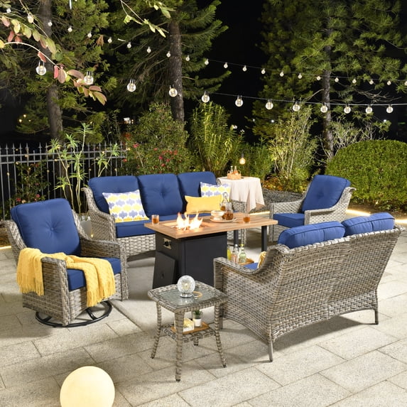 Ovios 6 Pieces High-Back Outdoor Patio Furniture with Fire Pit All Weather Wicker Conversation Couch with Rocking Swivel Chair for Backyard
