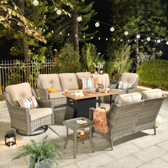 Ovios 6 Pieces High-Back Outdoor Patio Furniture with Fire Pit All Weather Wicker Conversation Couch with Rocking Swivel Chair for Backyard