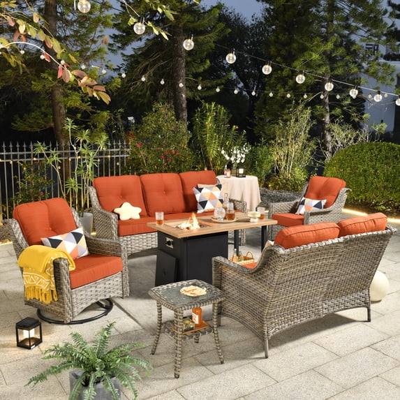 Ovios 6 Pieces High-Back Outdoor Patio Furniture with Fire Pit All Weather Wicker Conversation Couch with Rocking Swivel Chair for Backyard