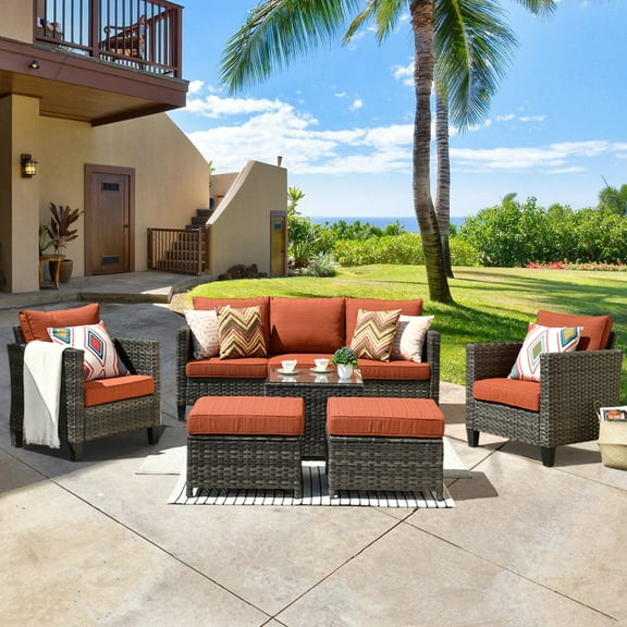 Ovios 6 Pieces Outdoor Furniture All-Weather Wicker Patio Sectional Couch with Coffee Table and Cushions Powder-Coated Steel