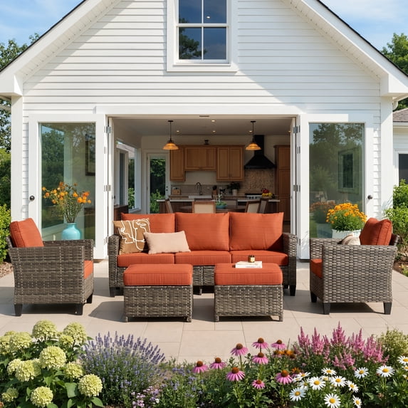 Ovios 6 Pieces Outdoor Furniture All-Weather Wicker Patio Sectional Couch with Coffee Table and Cushions Powder-Coated Steel