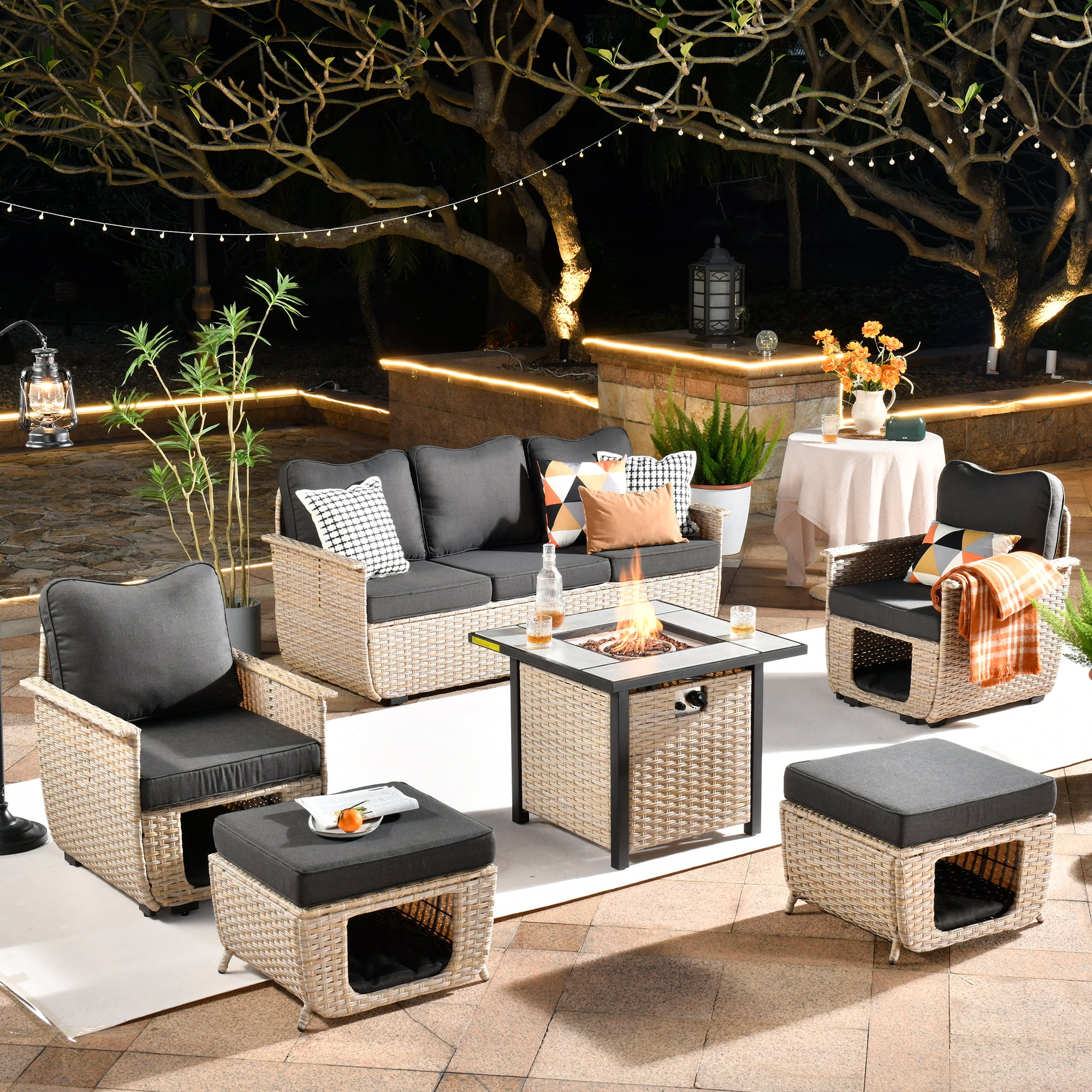 Ovios 6 Pieces Outdoor Furniture Set with Fire Pit Wicker Patio Sectional Sofa Furniture with