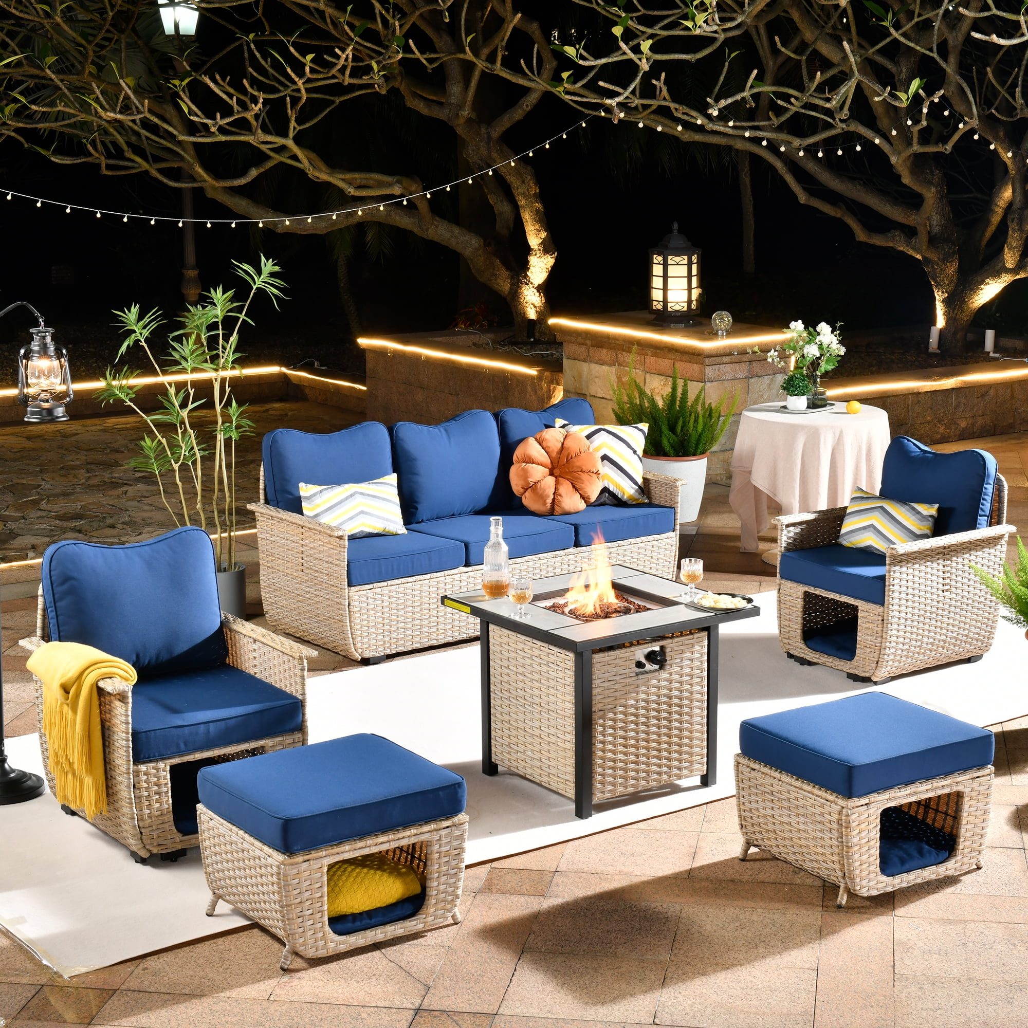 Ovios 6 Pieces Outdoor Furniture Set with Fire Pit Wicker Patio