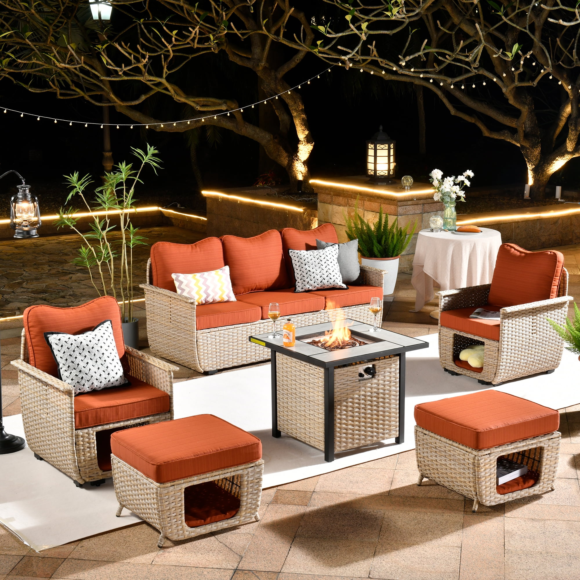 Ovios 6 Pieces Outdoor Furniture Set with Fire Pit Wicker Patio Sectional Sofa Furniture with