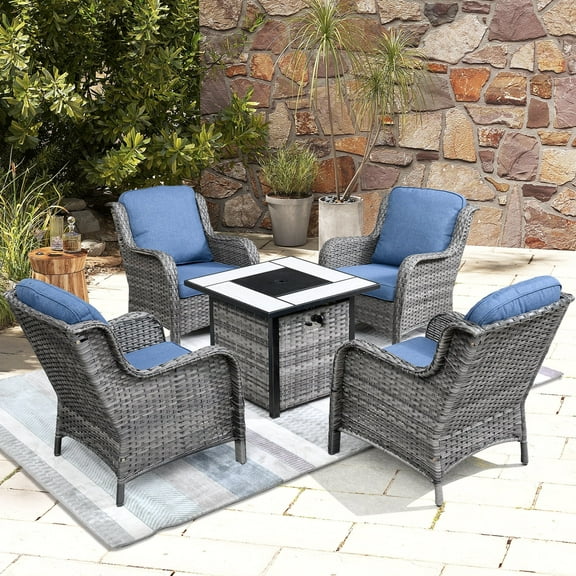 Ovios 6 Pieces Outdoor Furniture with CSA Fire Pit All Weather Wicker Patio Conversation Set with Single Chair for Porch
