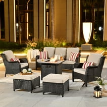 Ovios 6 Pieces Outdoor Furniture with CSA Fire Pit Wicker Patio Conversation Set All Weather Sectional Sofa for Porch