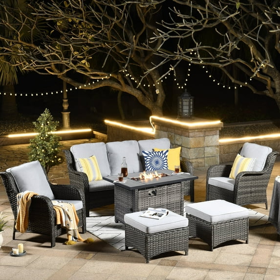Ovios 6 Pieces Outdoor Furniture with CSA Fire Pit Wicker Patio Conversation Set All Weather Sectional Sofa for Porch