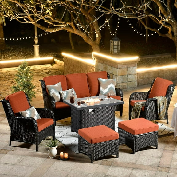 Ovios 6 Pieces Outdoor Furniture with CSA Fire Pit Wicker Patio Conversation Set All Weather Sectional Sofa for Porch
