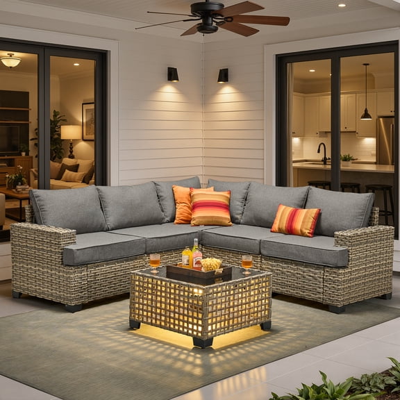 Ovios 6 Pieces Outdoor Patio Furniture Sectional Conversation Set, PE Wicker Outdoor Couch with Solar Coffee Table, Dark Gray Cushion