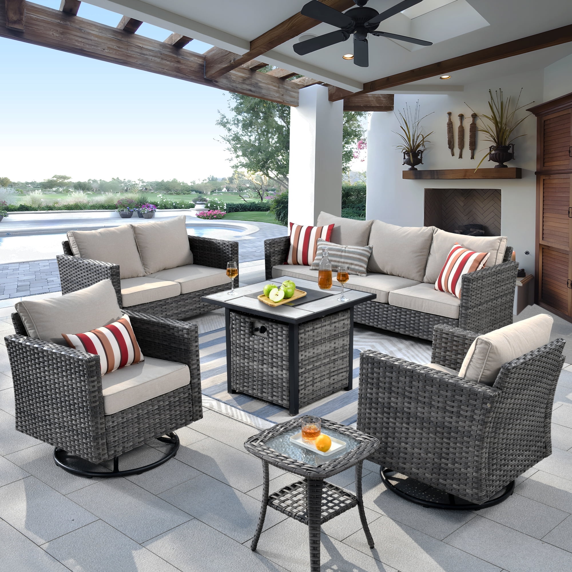 Ovios 6 Pieces Outdoor Patio Furniture Set with Gas Propane Fire Pit Table Wicker Outdoor