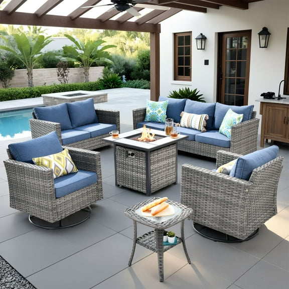 Ovios 6 Pieces Outdoor Patio Furniture Set with Gas Propane Fire Pit Table Wicker Outdoor Conversation Set with Swivel Rocking Chair for Backyard, Cushion Denim Blue
