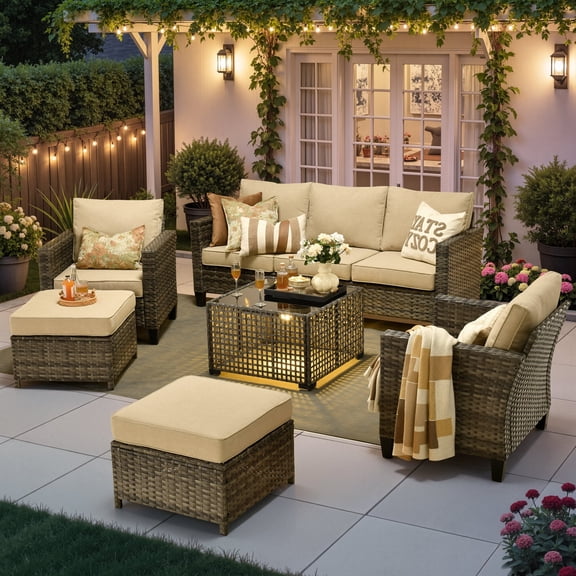 Ovios 6 Pieces Outdoor Patio Furniture Set Rattan Wicker Conversation Set Outdoor Sectional Sofa with Solar Light Coffee Table, Beige