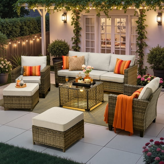 Ovios 6 Pieces Outdoor Patio Furniture Set Rattan Wicker Conversation Set Outdoor Sectional Sofa with Solar Light Coffee Table, Gray