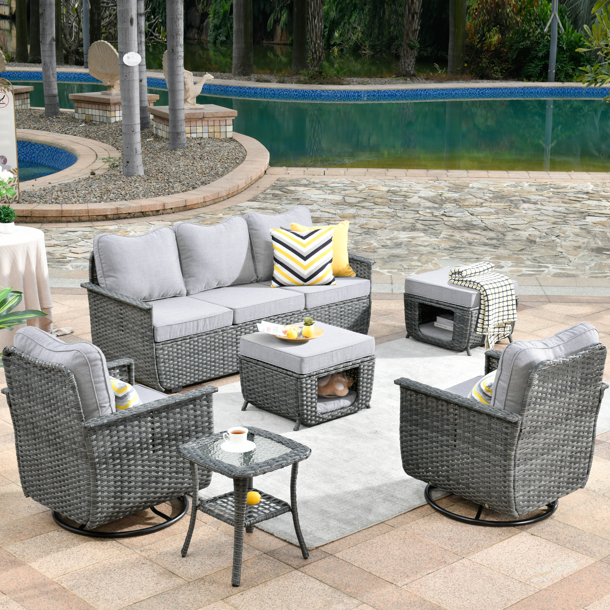 Ovios 6 Pieces Outdoor Patio Furniture Set Wicker Swivel Chair with