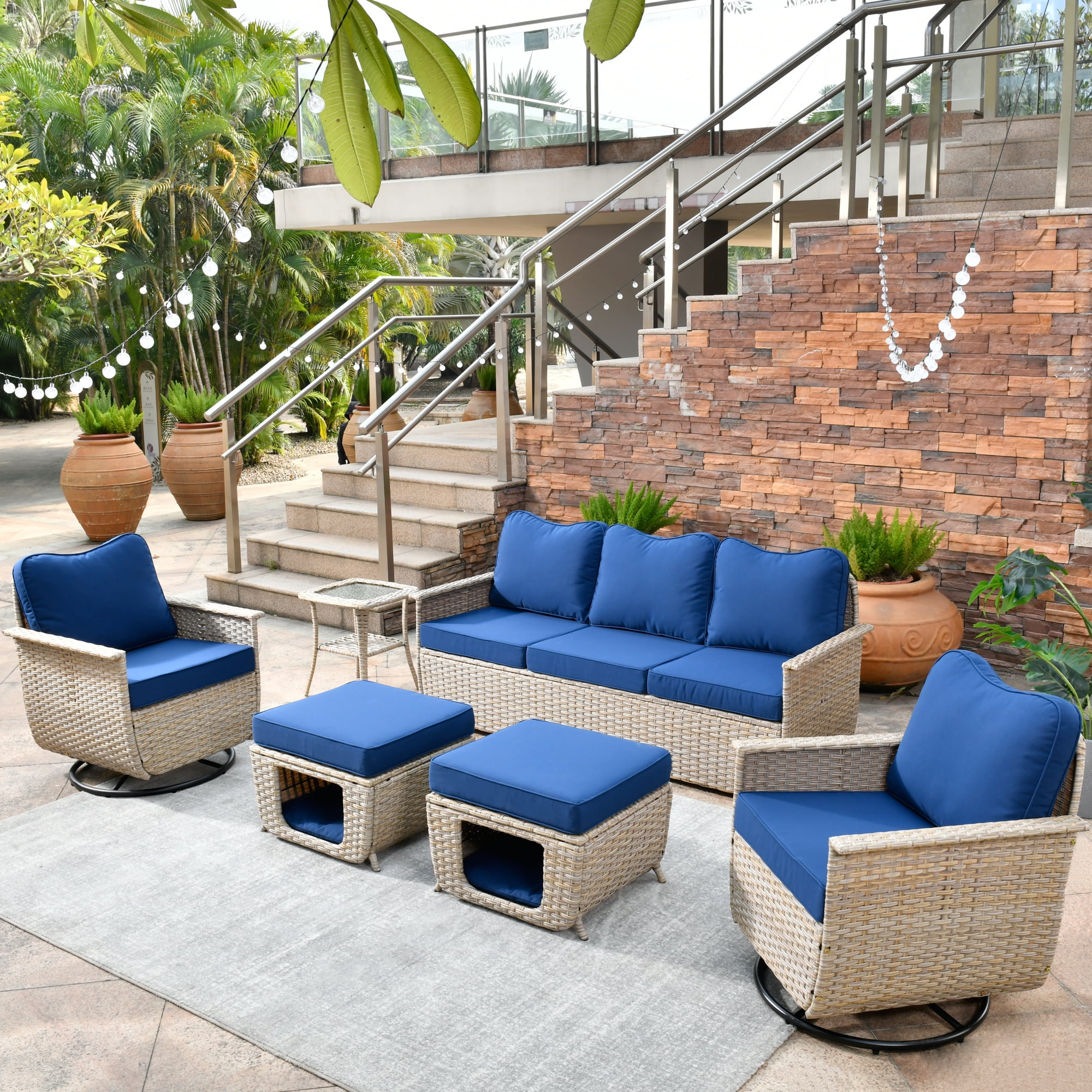 Ovios 6 Pieces Outdoor Patio Furniture Set Wicker Swivel Chair with