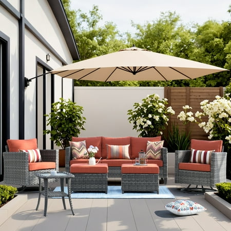Ovios 6 Pieces Outdoor Patio Furniture with Swivel Chairs All-Weather Rattan Wicker Table and Chairs Set Outdoor Sectional Conversation Set for Backyard