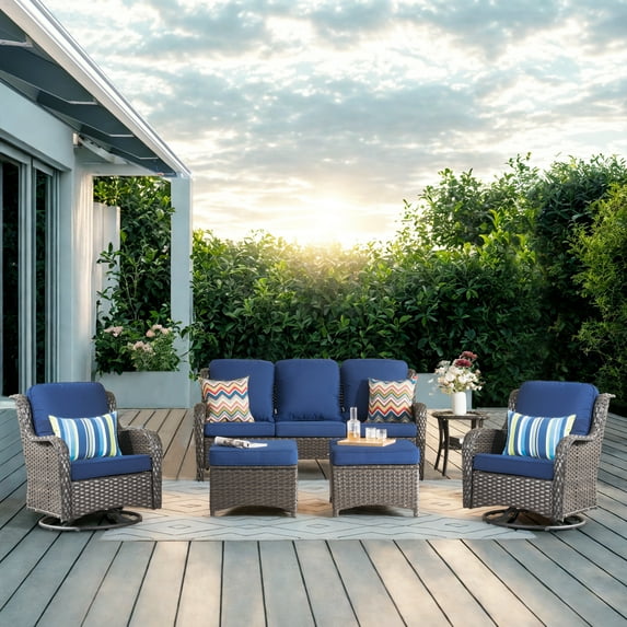 Ovios 6 Pieces Outdoor Patio Furniture Swivel Set Wicker Conversation Sectional with Rocking Chair, Ottomans, Side Table