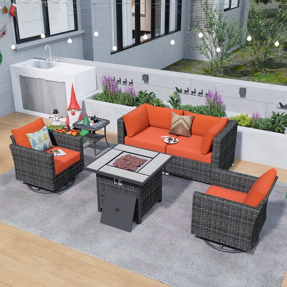 Ovios 6 Pieces Outdoor Patio Furniture with 30 inch Fire Pit Table All Weather Wicker Conversation Set with 360°Swivel Chair for Porch