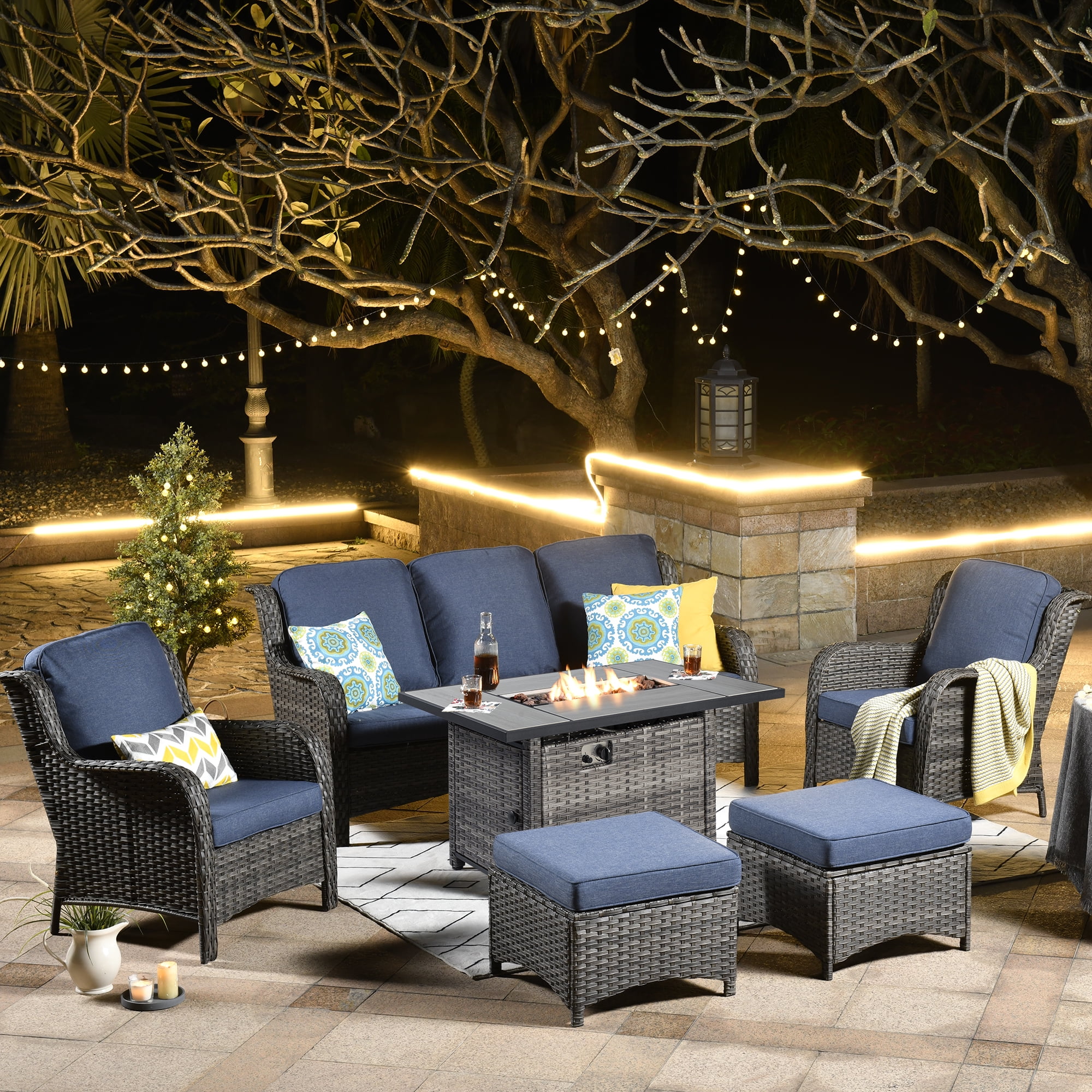 Ovios 6 Pieces Outdoor Patio Furniture with Fire Pit Table All Weather Wicker Sectional Set for