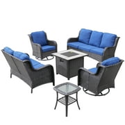 Ovios 6 Pieces Outdoor Patio Furniture with Fire Pit Table Wicker Patio Sectional Sofa with Swivel Chairs for Backyard