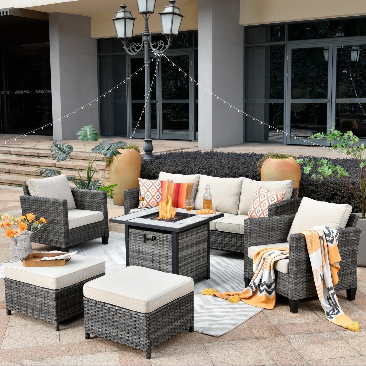 Ovios 13 Pieces Outdoor Patio Furniture with Fire Pit Table Wicker Patio Sectional Sofa with
