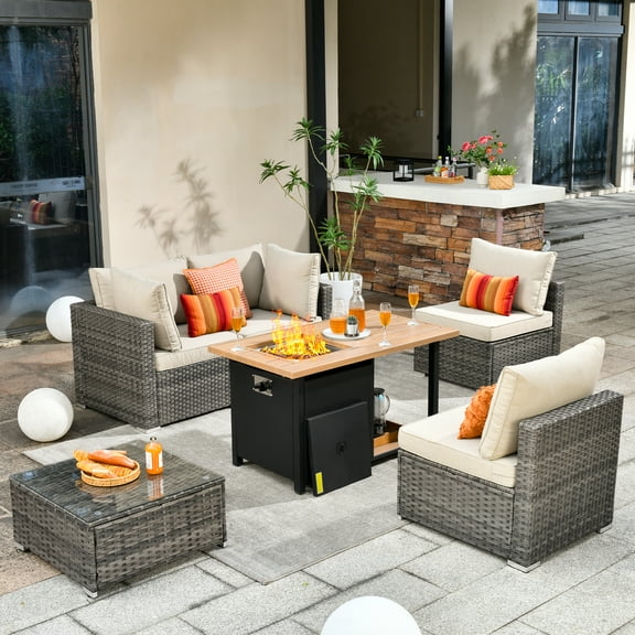 Ovios 6 Pieces Patio Fire Pit Set All Weather Wicker Outdoor Conversation Set with Coffee Table,Beige