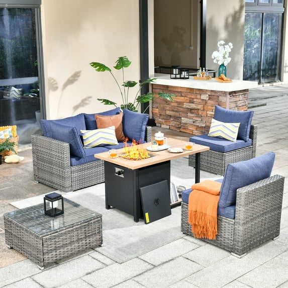 Ovios 6 Pieces Patio Fire Pit Set All Weather Wicker Outdoor Conversation Set with Coffee Table,Denim Blue