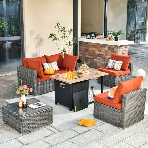 Ovios 6 Pieces Patio Fire Pit Set All Weather Wicker Outdoor Conversation Set with Coffee Table,Orange Red