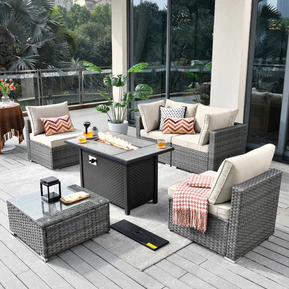 Ovios 6 Pieces Patio Fire Pit Set Outdoor Wicker Sectional Sofa Conversation Set with Coffee Table,Beige