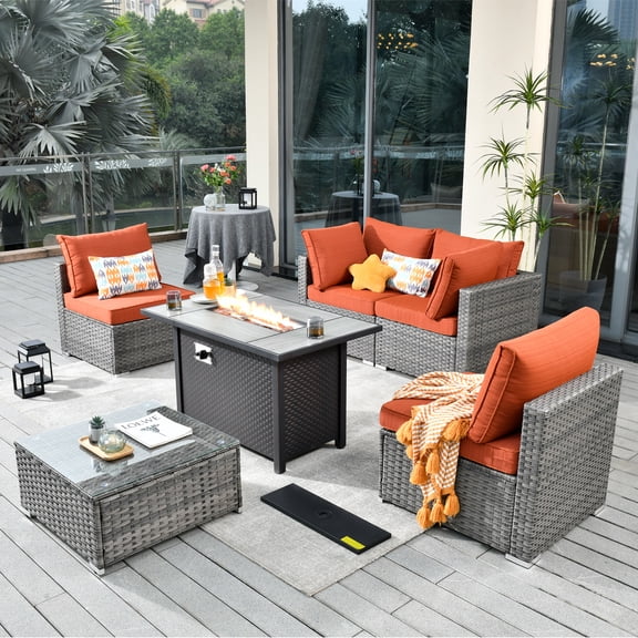 Ovios 6 Pieces Patio Fire Pit Set Outdoor Wicker Sectional Sofa Conversation Set with Coffee Table,Orange Red