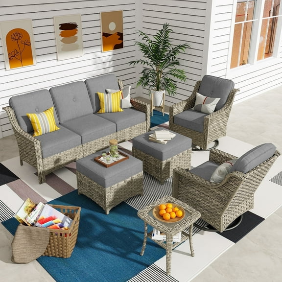 Ovios 6 Pieces Patio Furniture Set All-Weather Outdoor Sectional Patio Sofa Wicker Rattan Conversation Set with Swivel Rocking Chairs for Backyard