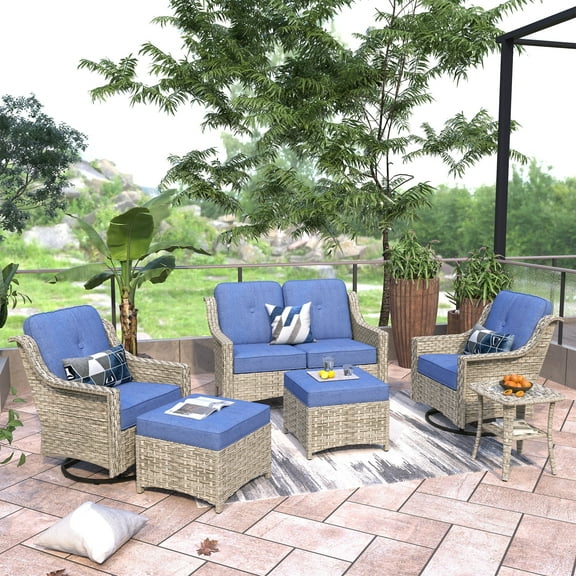 Ovios 6 Pieces Patio Furniture Set All-Weather Outdoor Sectional Patio Sofa Wicker Rattan Conversation Set with Swivel Rocking Chairs for Backyard