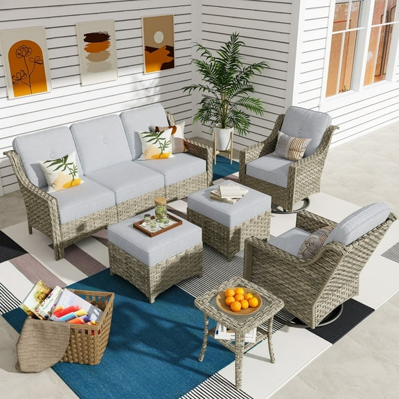 Ovios 6 Pieces Patio Furniture Set All-Weather Outdoor Sectional Patio Sofa Wicker Rattan Conversation Set with Swivel Rocking Chairs for Backyard