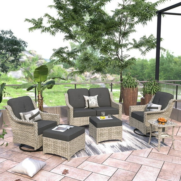Ovios 6 Pieces Patio Furniture Set All-Weather Outdoor Sectional Patio Sofa Wicker Rattan Conversation Set with Swivel Rocking Chairs for Backyard