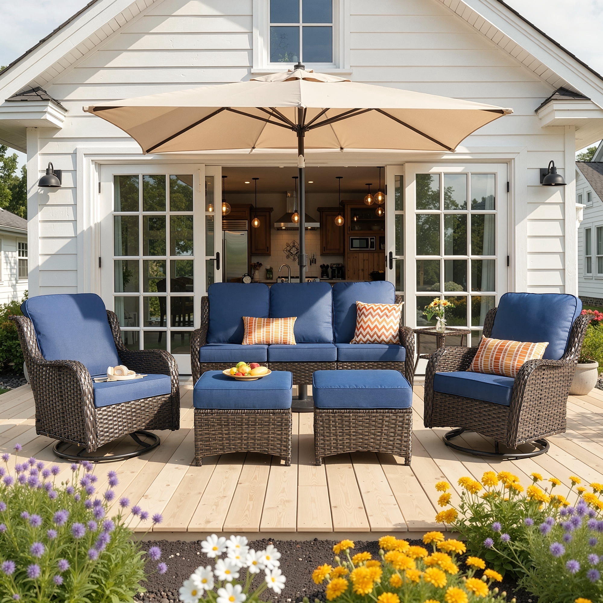 Ovios 6-Piece Patio Furniture Set All-Weather Wicker Outdoor Conversation Set with Sofa Swivel Chairs and Ottomans, Navy Blue