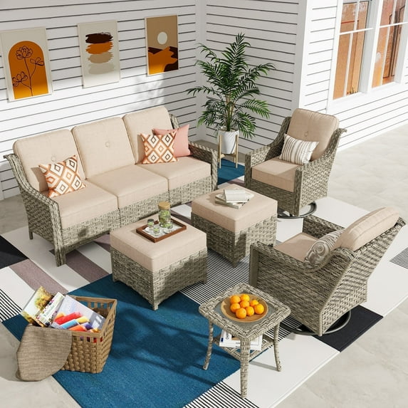 Ovios 6 Pieces Patio Furniture Set All-Weather Outdoor Sectional Patio Sofa Wicker Rattan Conversation Set with Swivel Rocking Chairs for Backyard