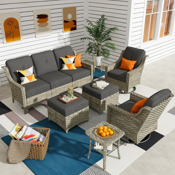 Ovios 6 Pieces Patio Furniture Set All-Weather Outdoor Sectional Patio Sofa Wicker Rattan Conversation Set with Swivel Rocking Chairs for Backyard