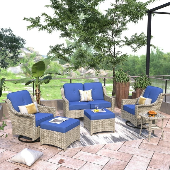 Ovios 6 Pieces Patio Furniture Set All-Weather Outdoor Sectional Patio Sofa Wicker Rattan Conversation Set with Swivel Rocking Chairs for Backyard