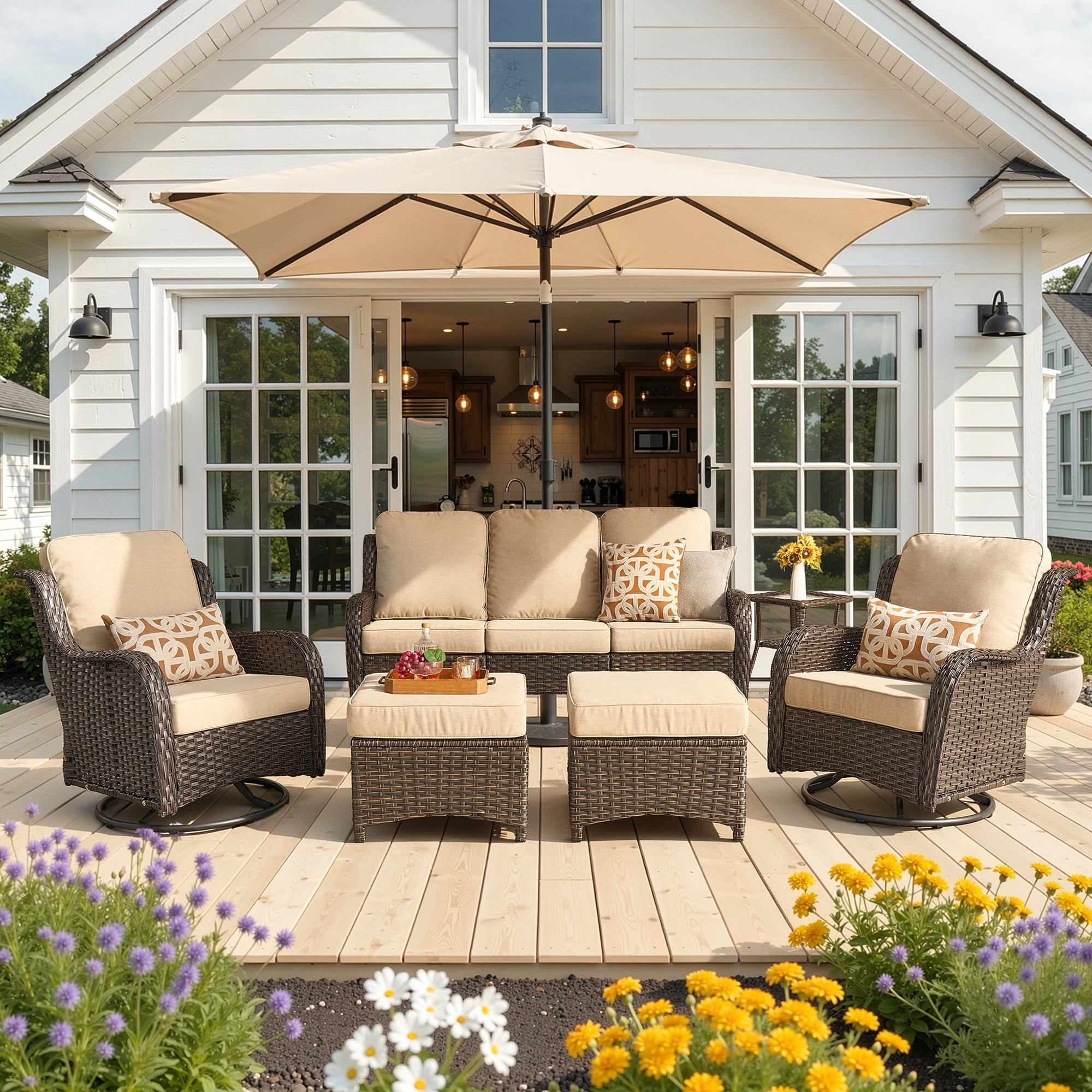 Ovios 6-Piece Patio Furniture Set All-Weather Wicker Outdoor Conversation Set with Sofa Swivel Chairs and Ottomans, Beige