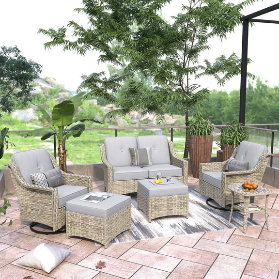 Ovios 6 Pieces Patio Furniture Set All-Weather Outdoor Sectional Patio Sofa Wicker Rattan Conversation Set with Swivel Rocking Chairs for Backyard