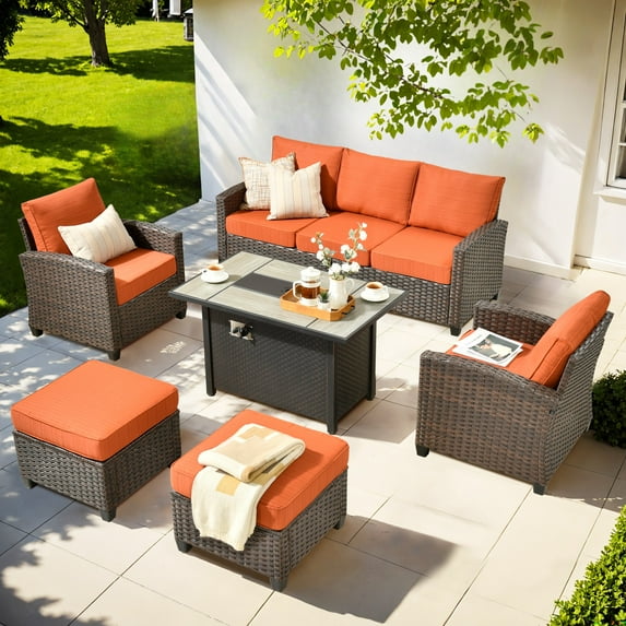 Ovios 6 Pieces Patio Furniture Set All-Weather Outdoor Sectional Patio Sofa Wicker Rattan Conversation Set with 42" Gas Propane Fire Pit Table for Backyard