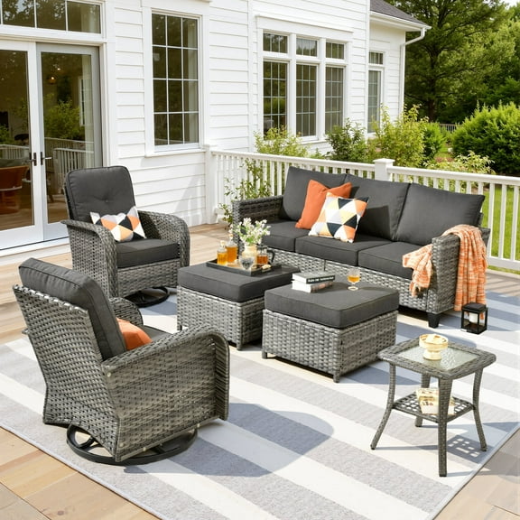 Ovios 6 Pieces Outdoor Patio Furniture Set All-Weather Wicker Rattan Sectional Sofa with Swivel Chairs Ottomans Side Table